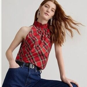 J. Crew Ruffleneck Sleeveless Cotton Poplin‎ Top Good Tidings Holiday Red Plaid